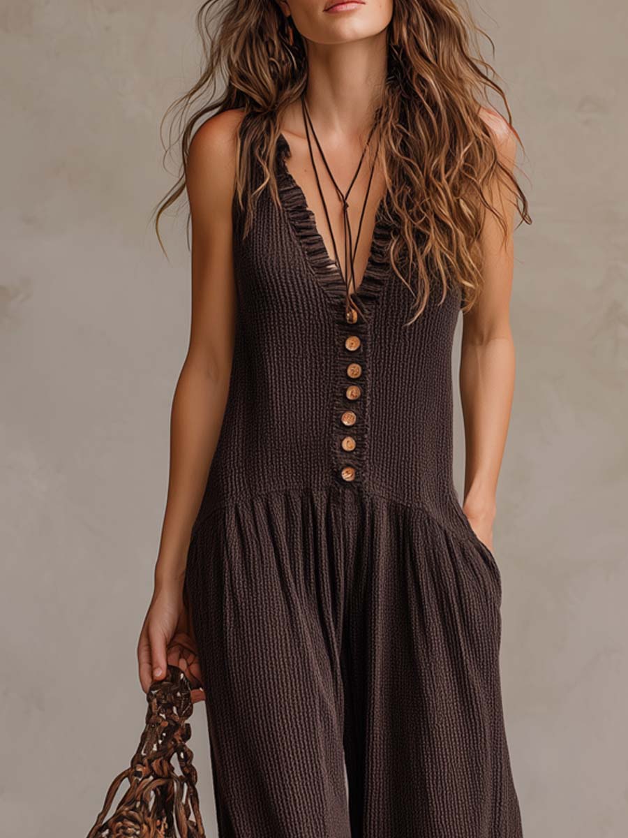 Valérie™ | Retro Rimpel V-hals Wijde Pijpen Jumpsuit