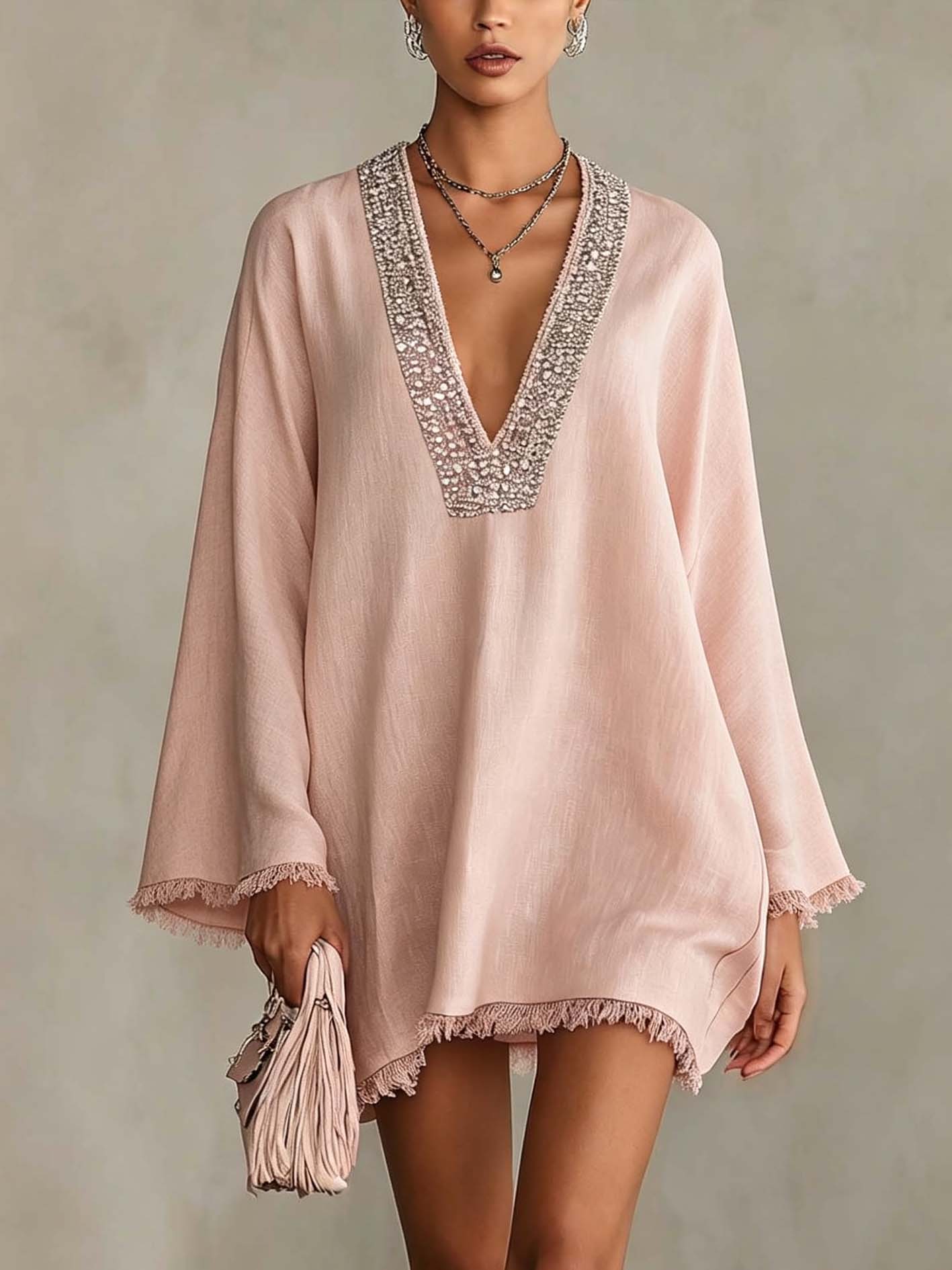 Rosamund™ | V-hals Mini Jurk met Strass Trim en Franje Rand