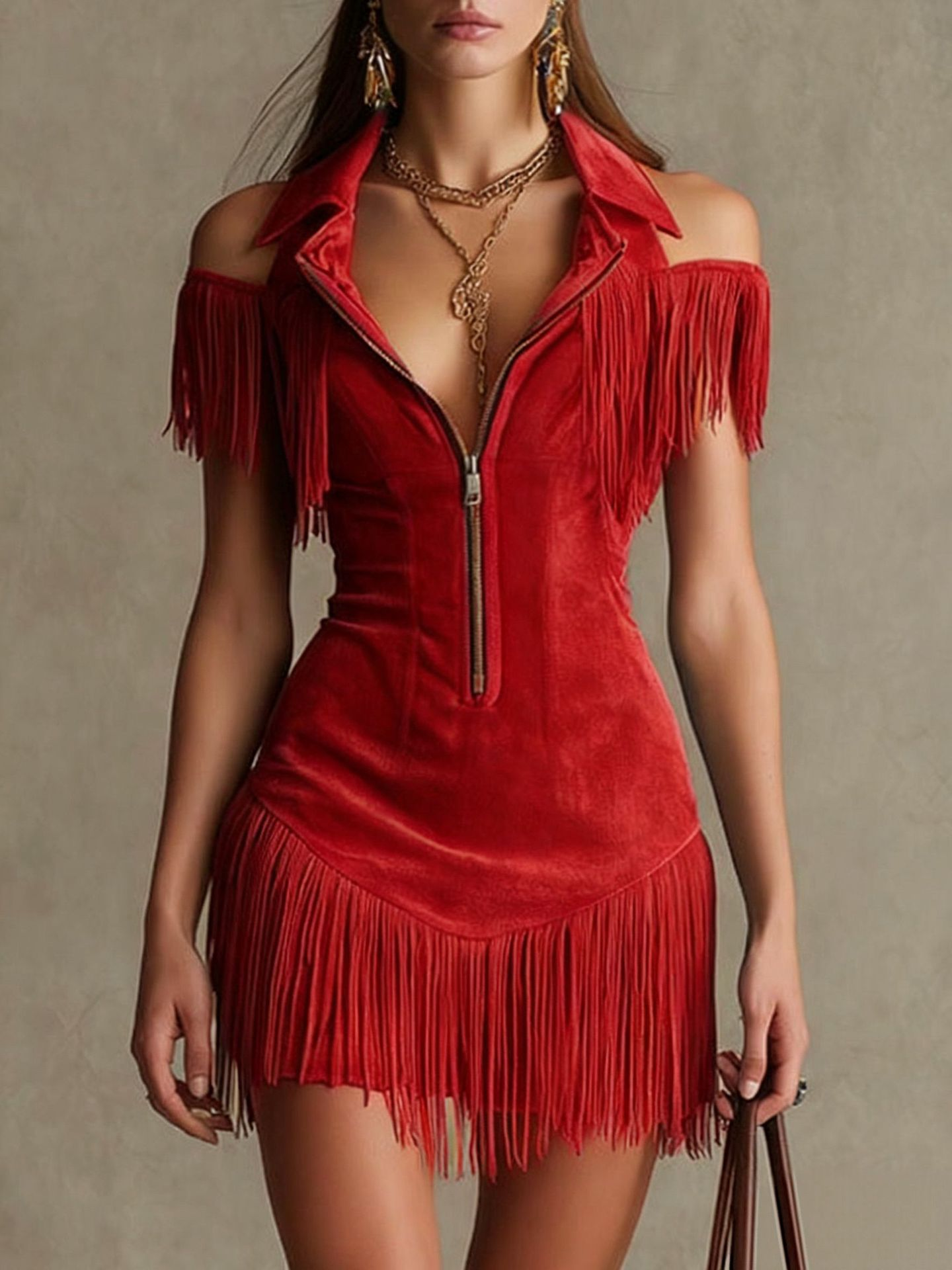 Seraphina™ | Western-Stijl Lapel Rits Kwastje Slim-Fit Mini Jurk