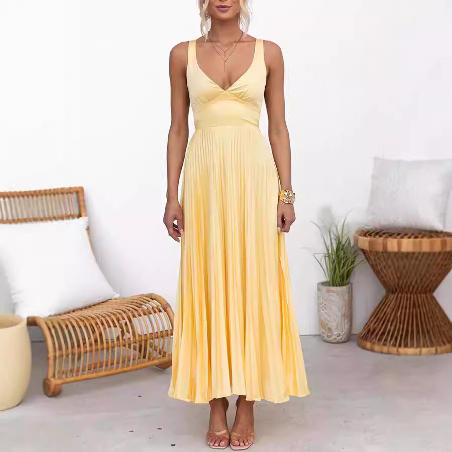 Aby™ | Gele Plissé V - hals Maxi jurk - Bellanza