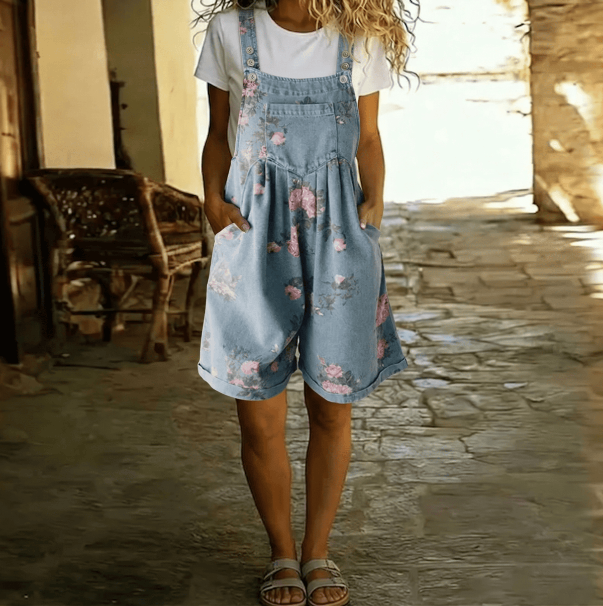 Adriana - Bloemen denim jumpsuit met zachte katoen en vintage was - Bellanza