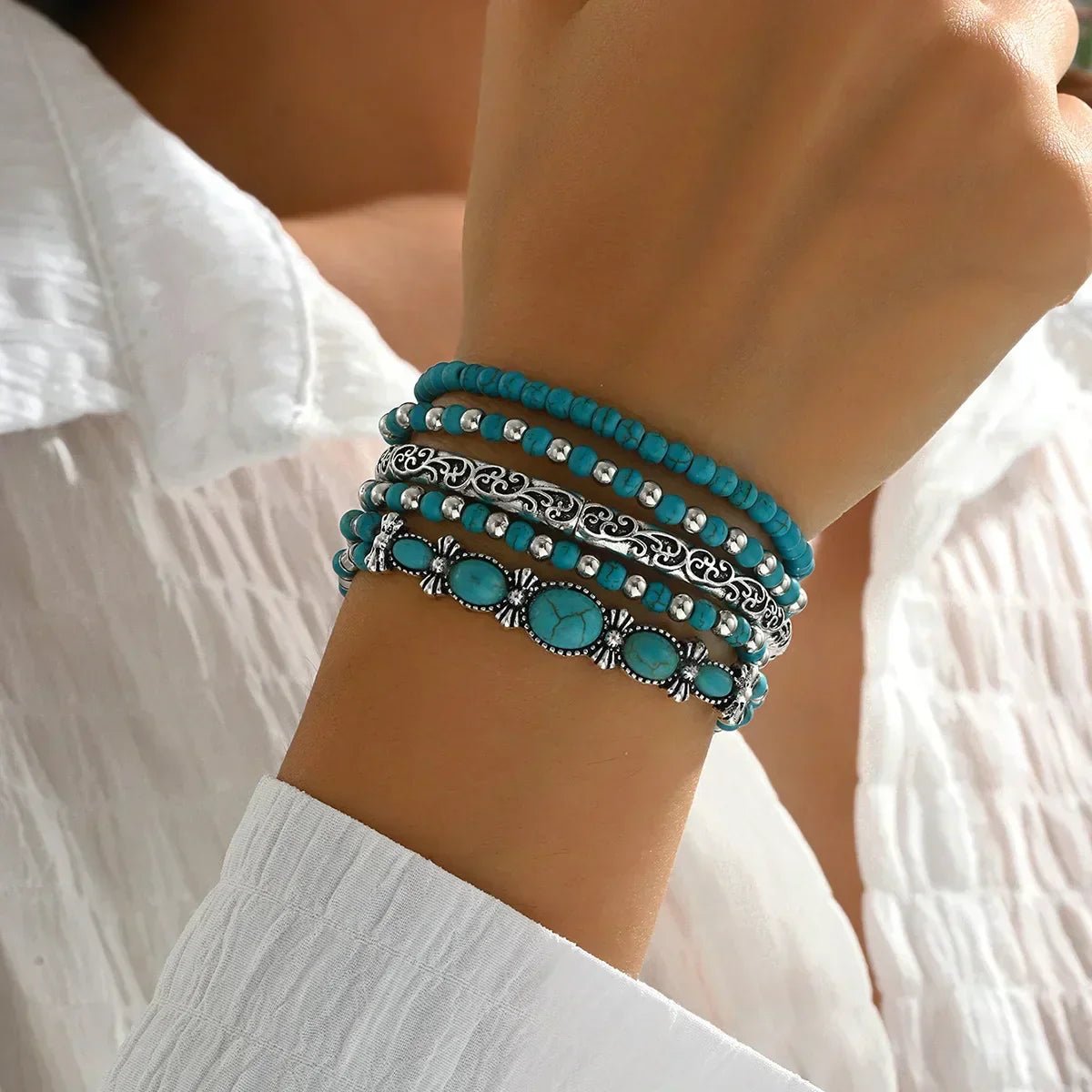 Aleida | Boho-armbandenset met turquoise kralen - Bellanza
