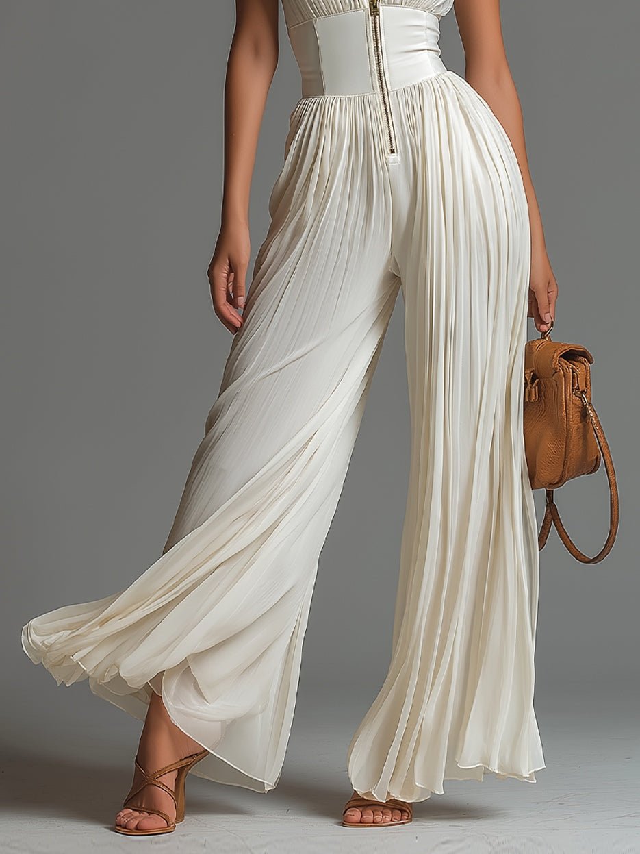 Amandine™ | V-hals Mouwloos Rits Plissé Wijde Pijpen Chiffon Jumpsuit - Bellanza