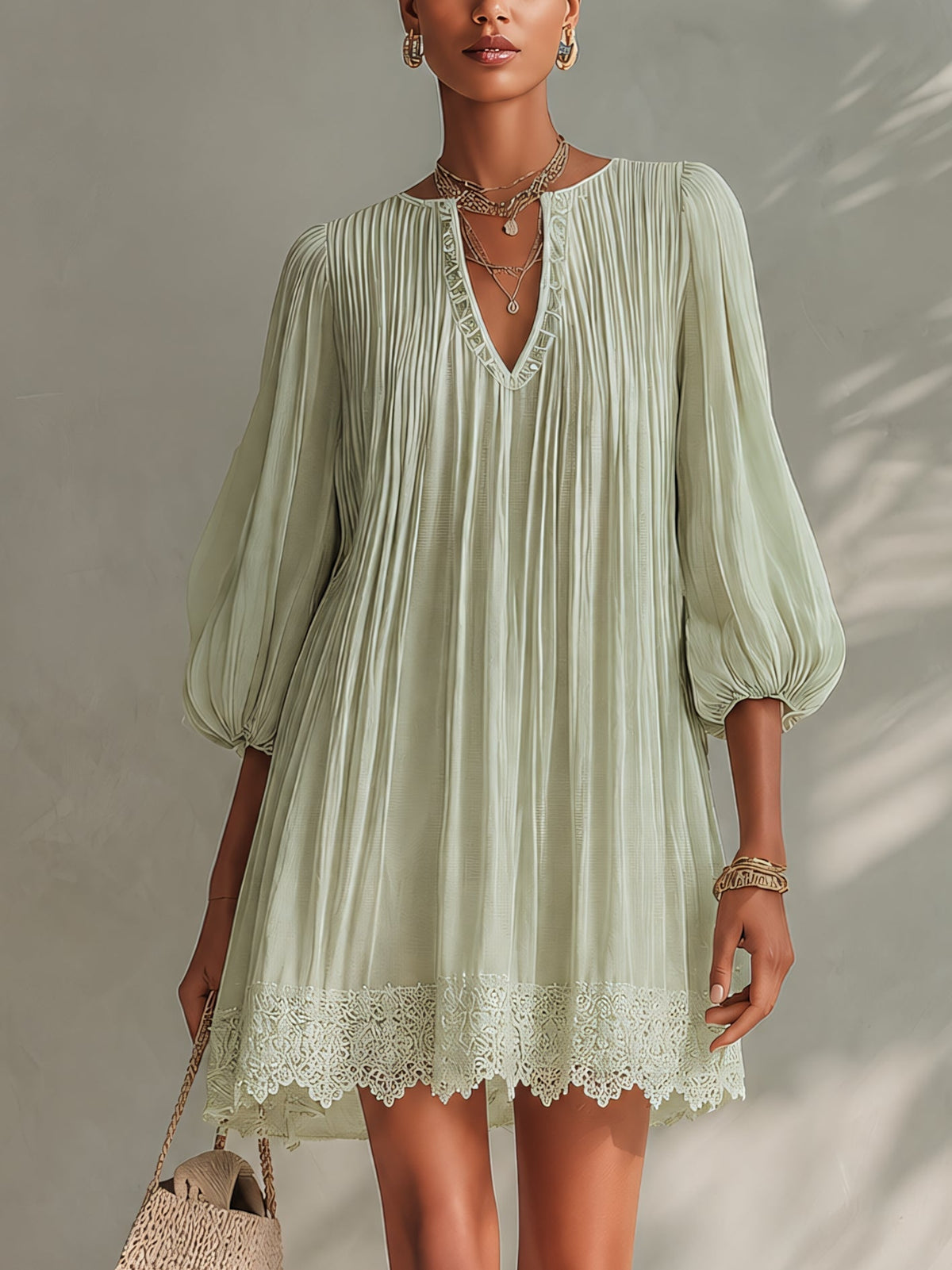 Ambre™ | Geplooide Chiffon Lantern Mouw Kant Mini Jurk - Bellanza