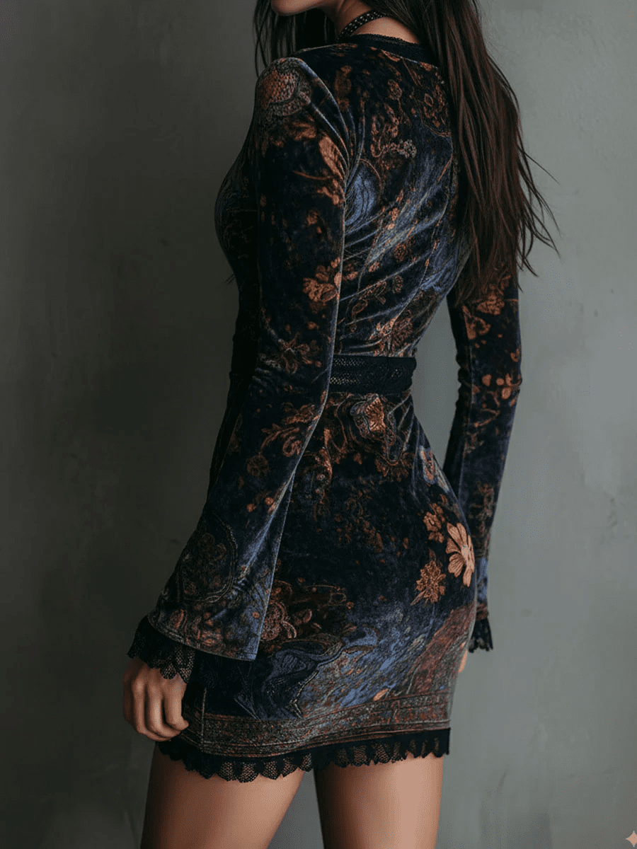 Anette™ - Bloemenpatroon V - hals Fluwelen Kant Trim Slim - Fit Mini - Jurk - Bellanza