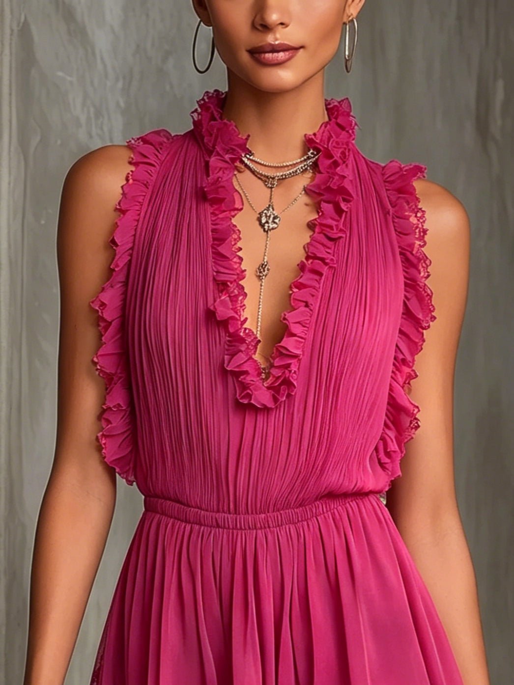 Angélique™ | Ruffle Trim Pleated Chiffon Lace Jumpsuit - Bellanza