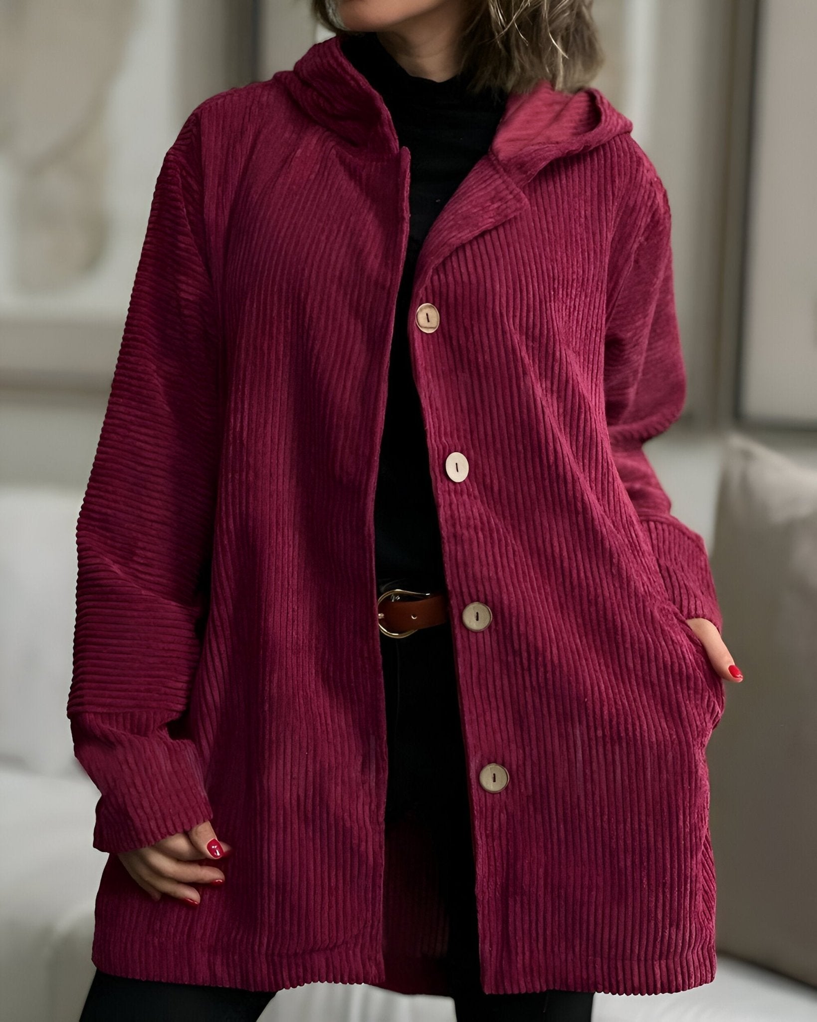 Anika | Casual Ribfluwelen Jasje met Capuchon - Bellanza