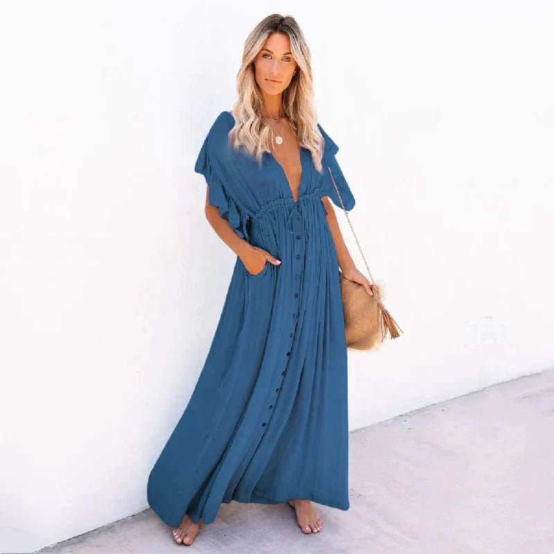 Anouk™ - Maxi Marineblauwe Ibiza Strandjurk - bellanza