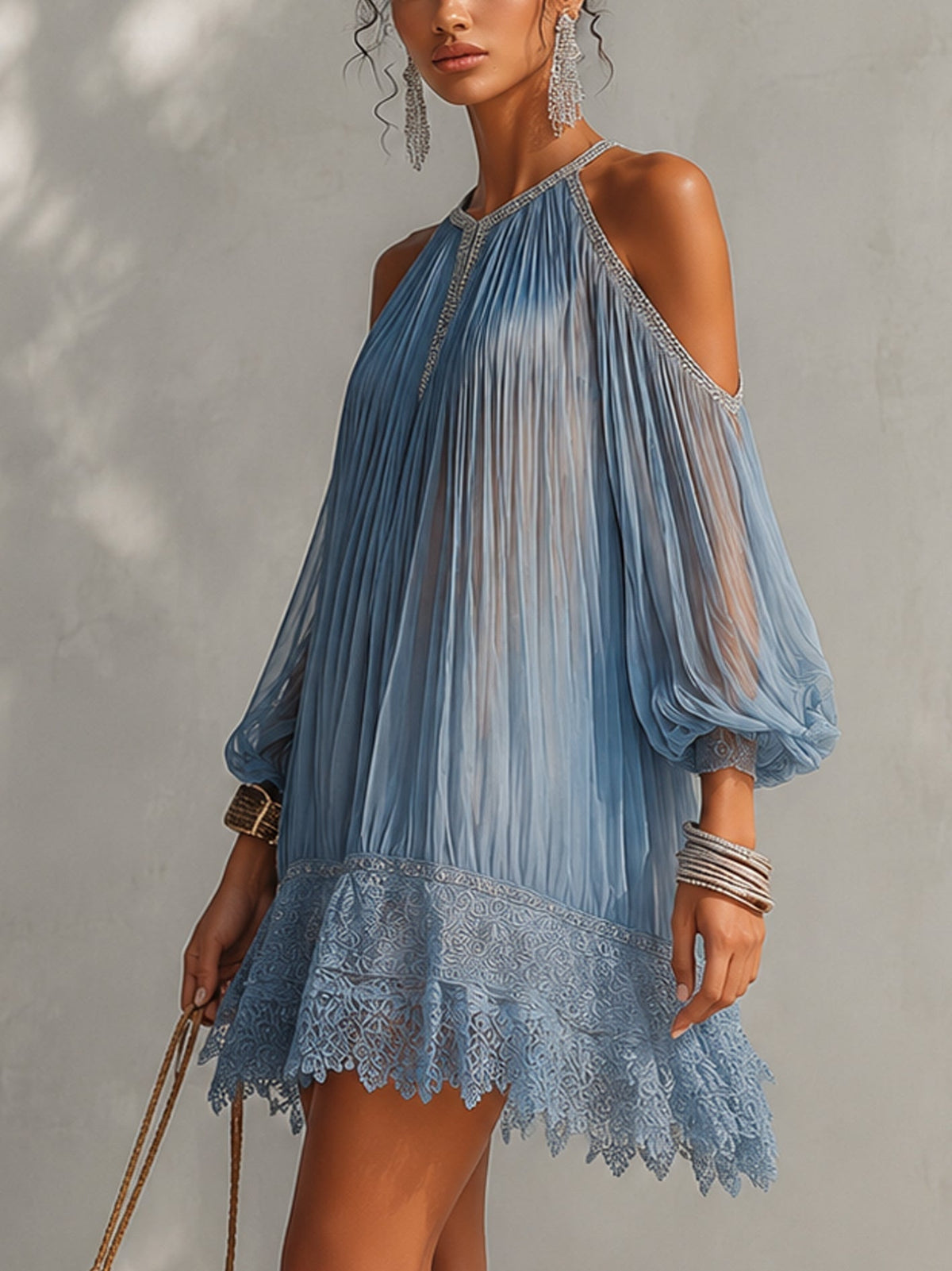 Aria™ | Off-Shoulder Rimpel Mini Jurk met Kant Zoom - Bellanza
