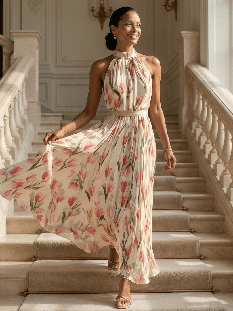 Aurelle | Midi - jurk met Halternek en Bloemen - Bellanza