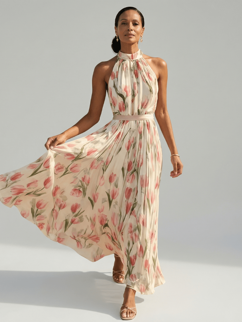 Aurelle | Midi - jurk met Halternek en Bloemen - Bellanza