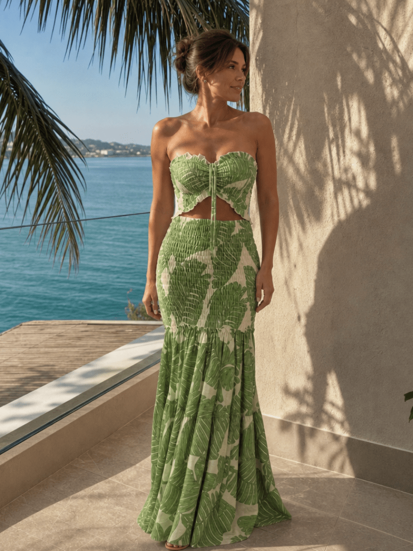 Azaria | Strapless Twee-delige Geprinte Maxi Jurk Set - Bellanza