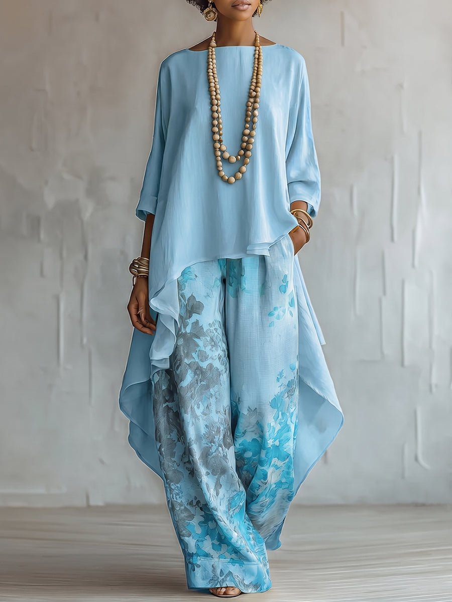 Blauwe Asymmetrische Top en Bloemige Wijde Broek Set - Bellanza