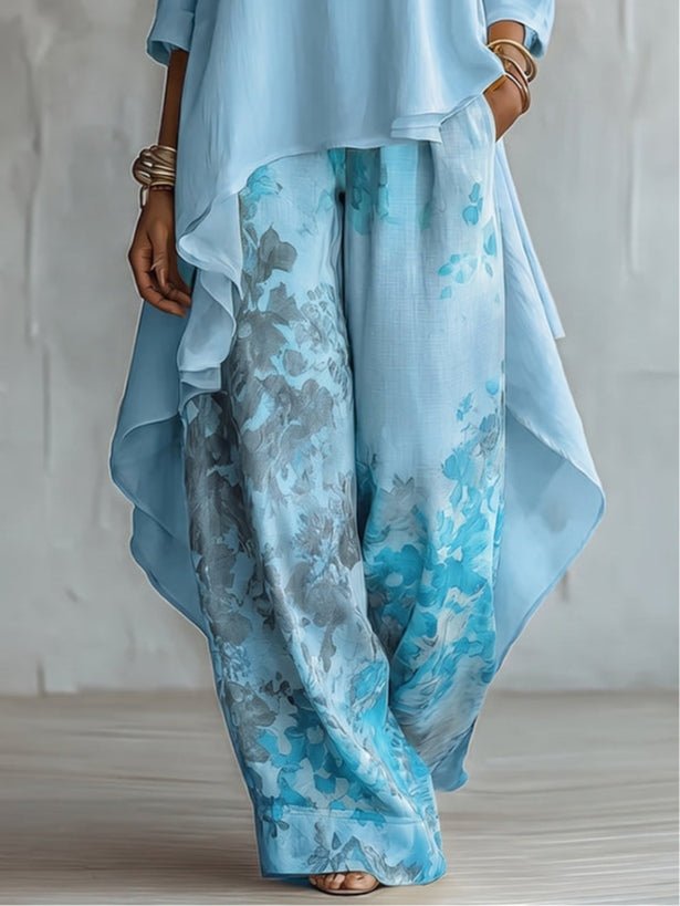 Blauwe Asymmetrische Top en Bloemige Wijde Broek Set - Bellanza
