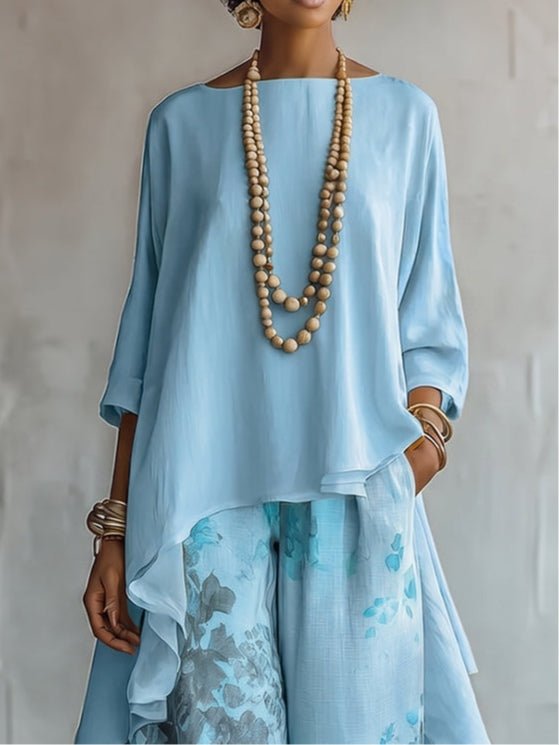 Blauwe Asymmetrische Top en Bloemige Wijde Broek Set - Bellanza