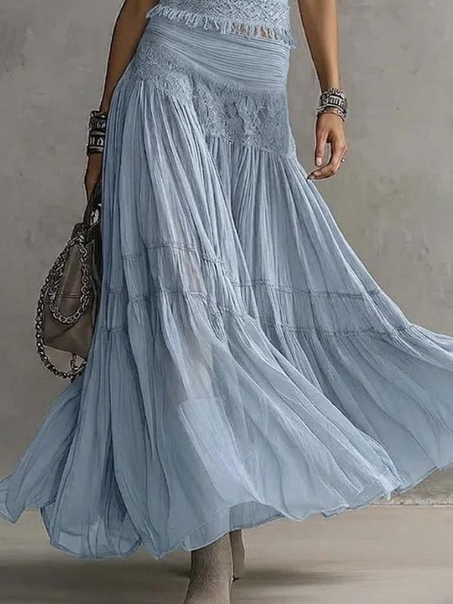 BLAUWE KANTEN TOP MET PANEEL EN PLISSE MAXI ROK SET - Bellanza