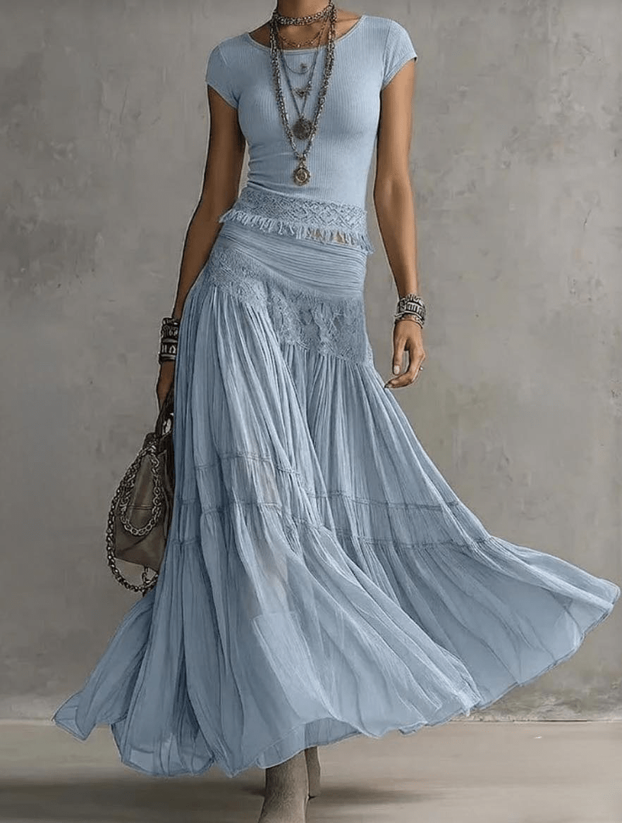 BLAUWE KANTEN TOP MET PANEEL EN PLISSE MAXI ROK SET - Bellanza