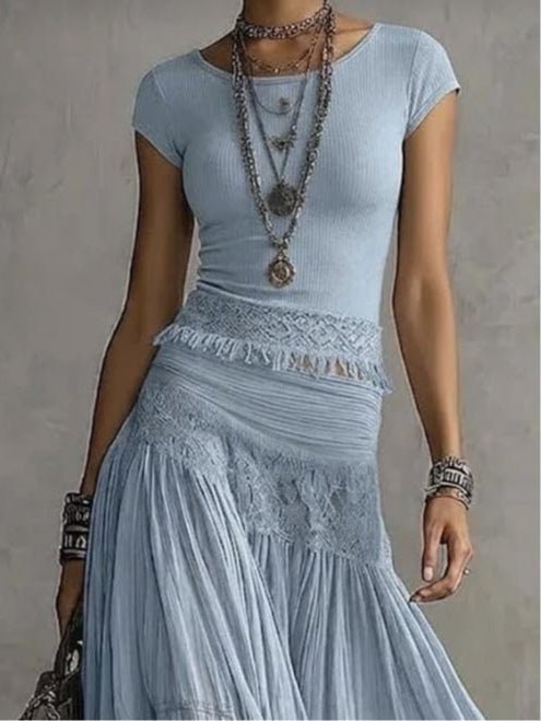 BLAUWE KANTEN TOP MET PANEEL EN PLISSE MAXI ROK SET - Bellanza
