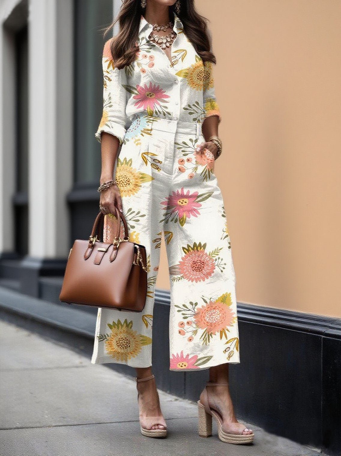 Bloemen Capri Broek en Losse Linnen Shirt Set - bellanza