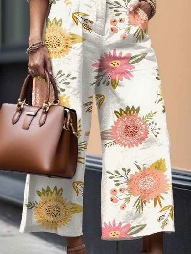 Bloemen Capri Broek en Losse Linnen Shirt Set - bellanza