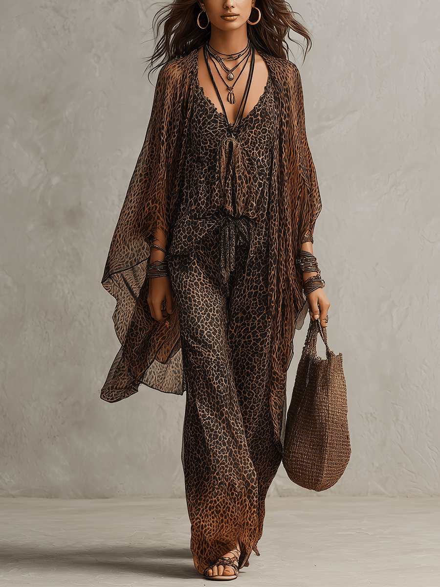 Bohemian Gradient Luipaardprint Vloeiende Robe Drie-delige Set - Bellanza