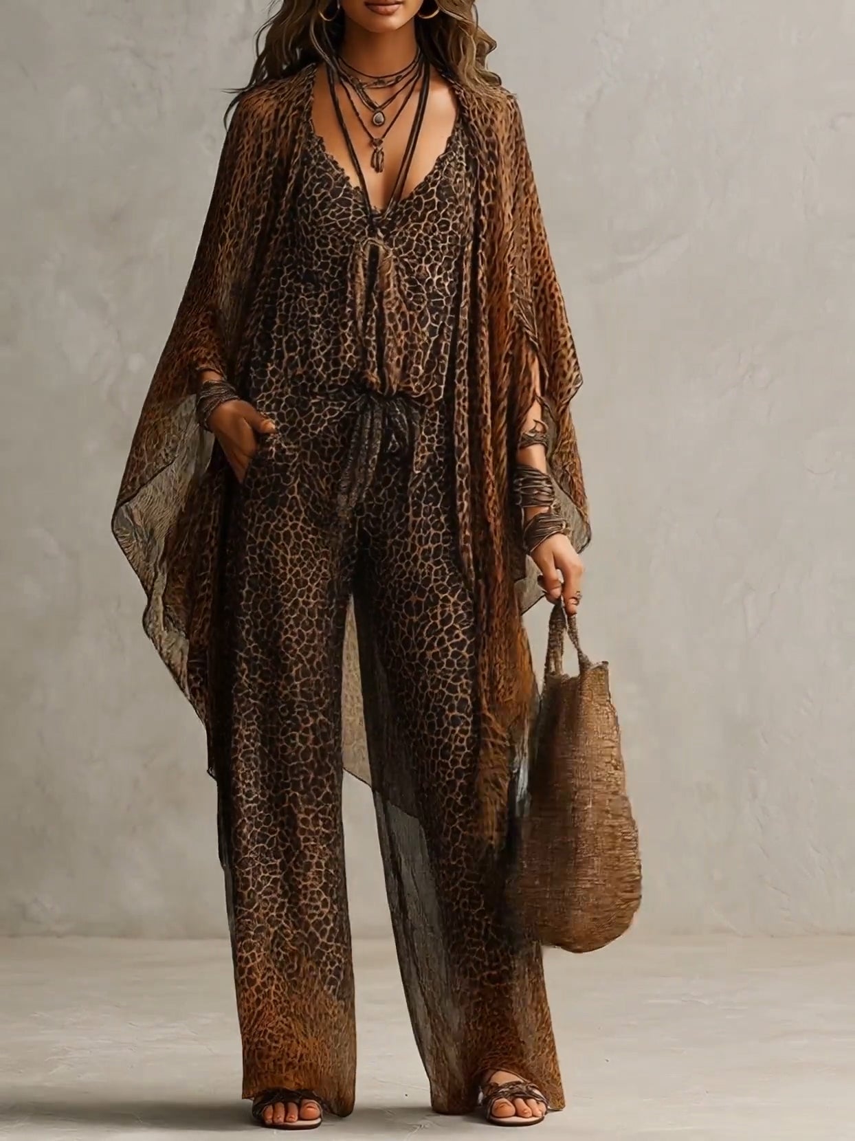 Bohemian Gradient Luipaardprint Vloeiende Robe Drie-delige Set - Bellanza