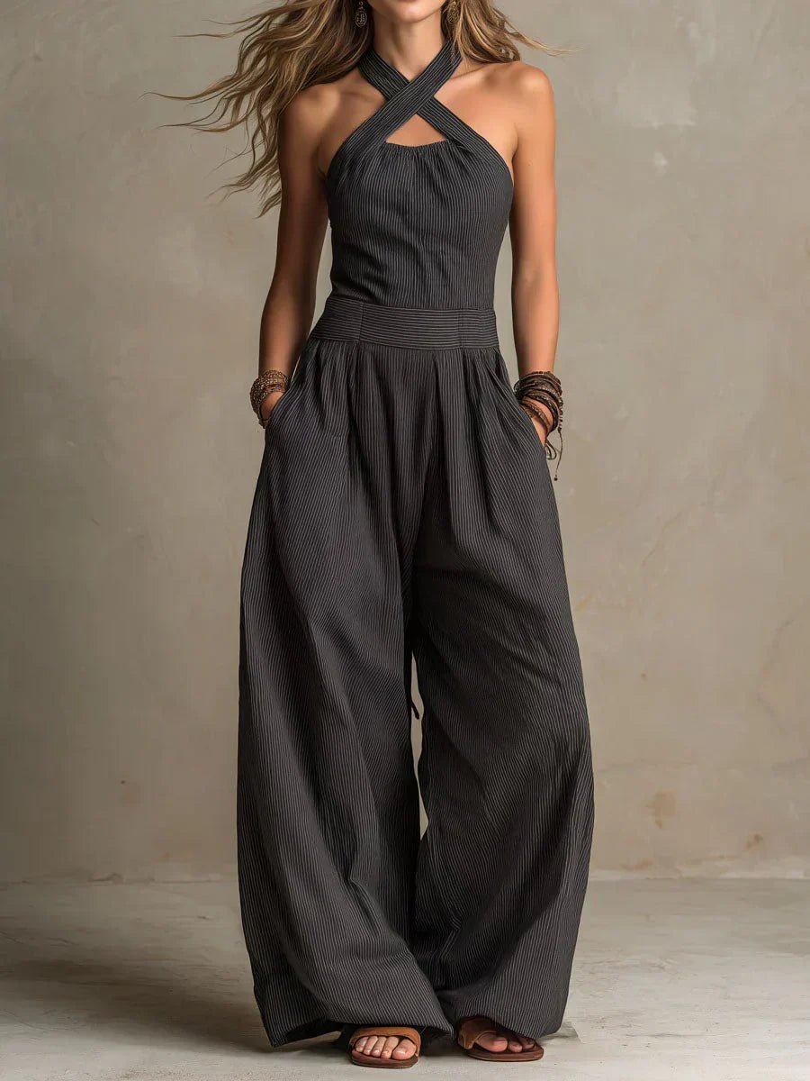 Camille | Jumpsuit met kruisende hals en wijde benen - Bellanza