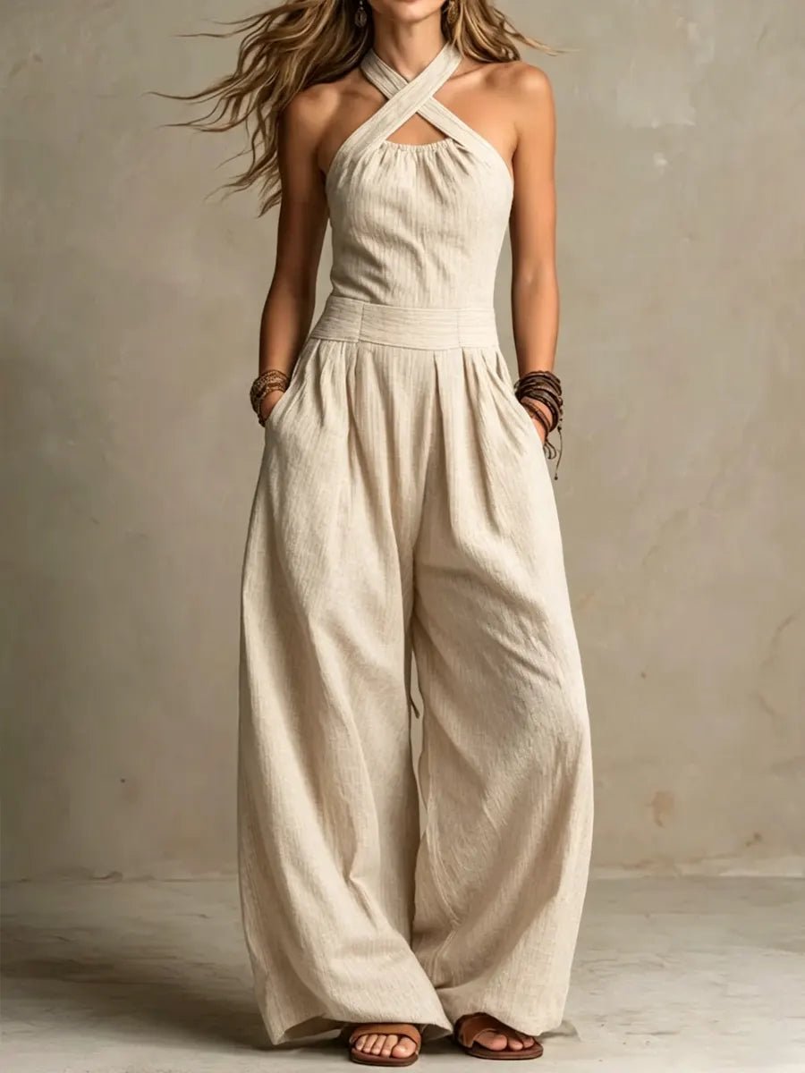 Camille | Jumpsuit met kruisende hals en wijde benen - Bellanza