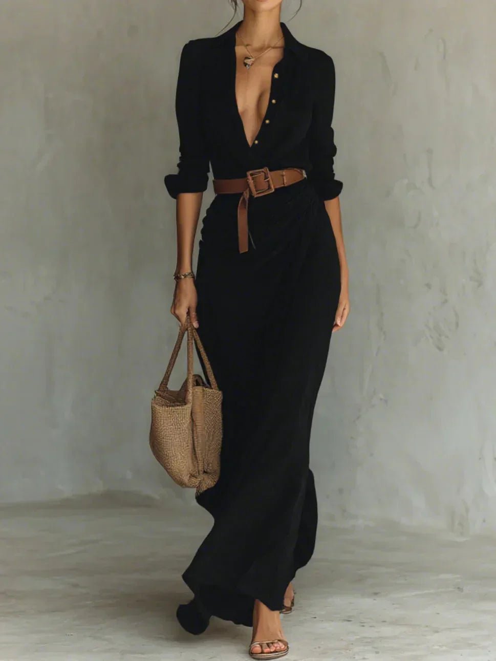 Camille™ | Maxi jurk met revers en ceintuur in de taille - Bellanza