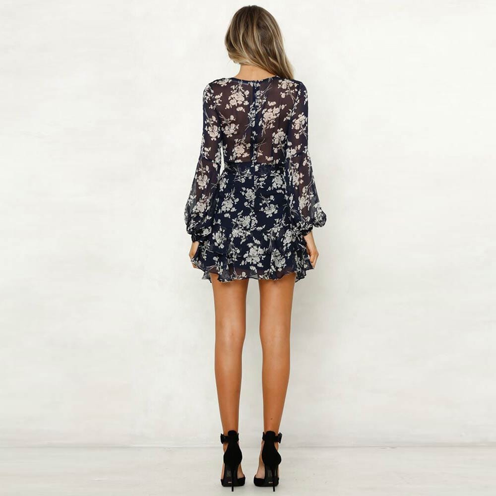 Carlijne™ - Korte Blauwe Lente Jurk Met V - hals En Blauwe Bloemenprint - bellanza