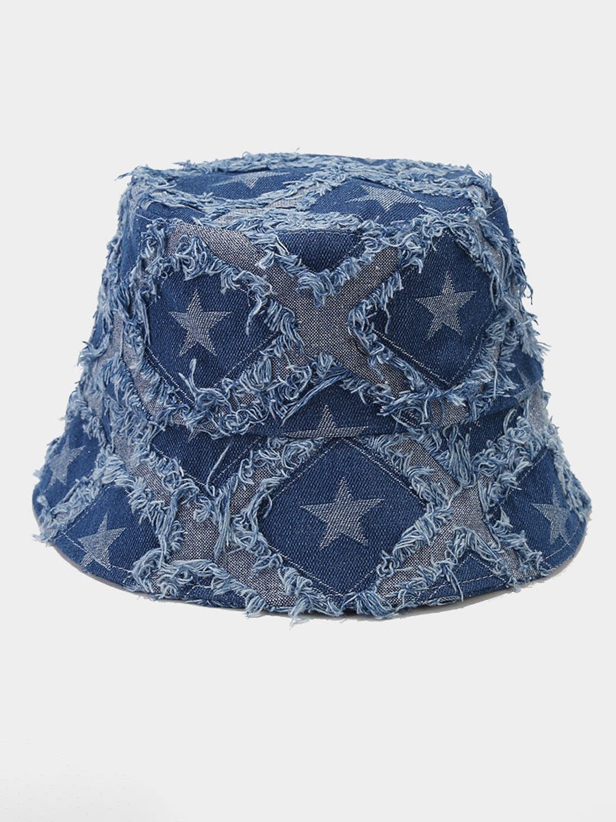 Casual Fashion Vijfpuntige Ster Rauwe Rand Denim Bucket Hat - Bellanza
