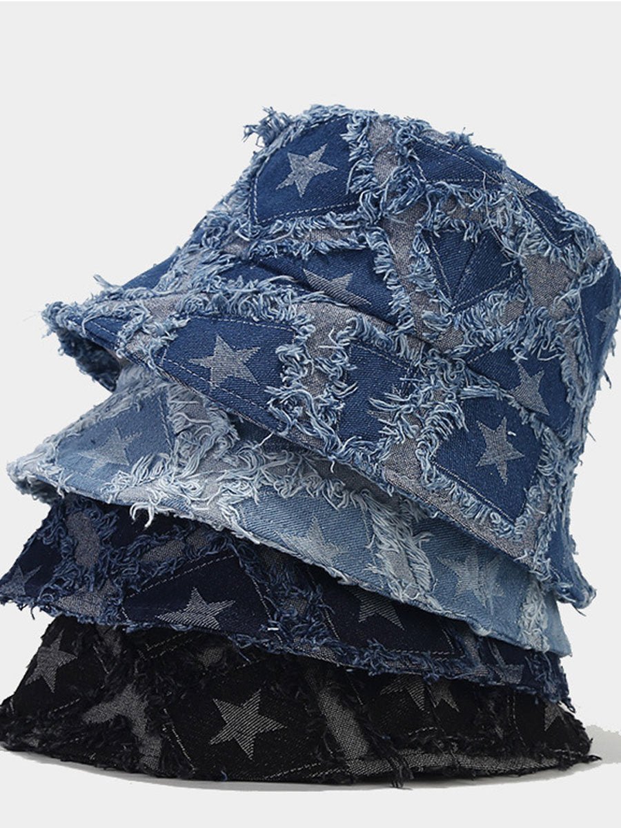 Casual Fashion Vijfpuntige Ster Rauwe Rand Denim Bucket Hat - Bellanza