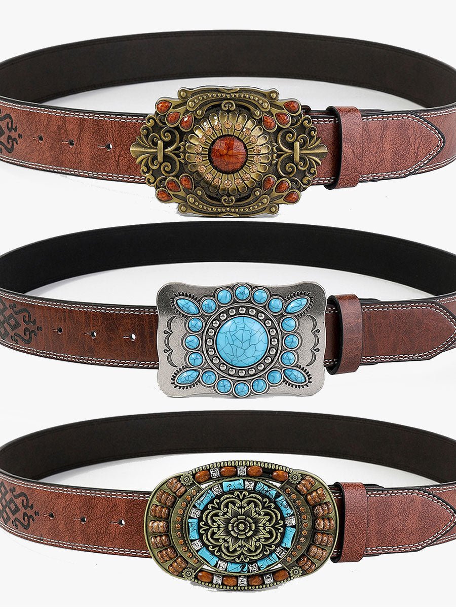 Casual Vintage Gem Bloem Versierde PU Leren Riem - Bellanza
