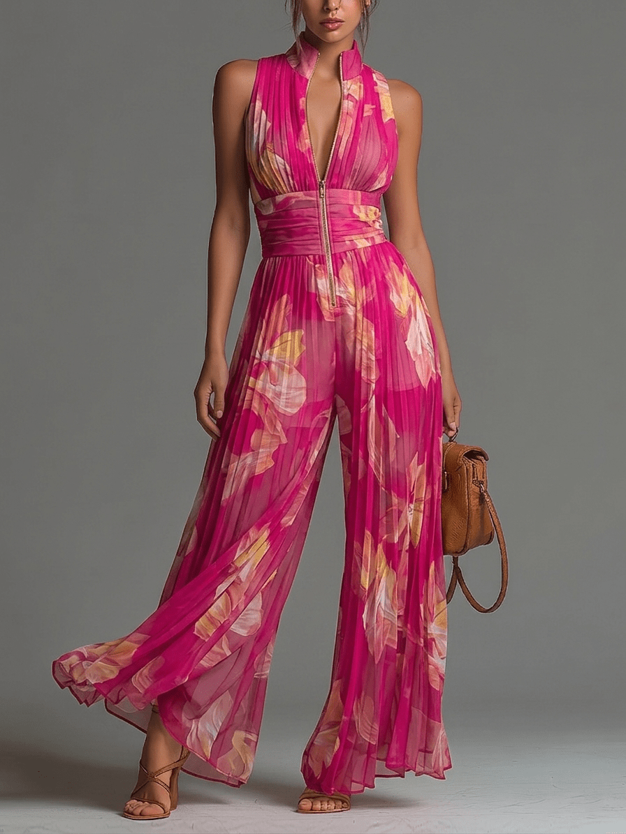 Céline™ | Bloemenprint Mouwloze Rits Plissé Wijde Chiffon Jumpsuit - Bellanza