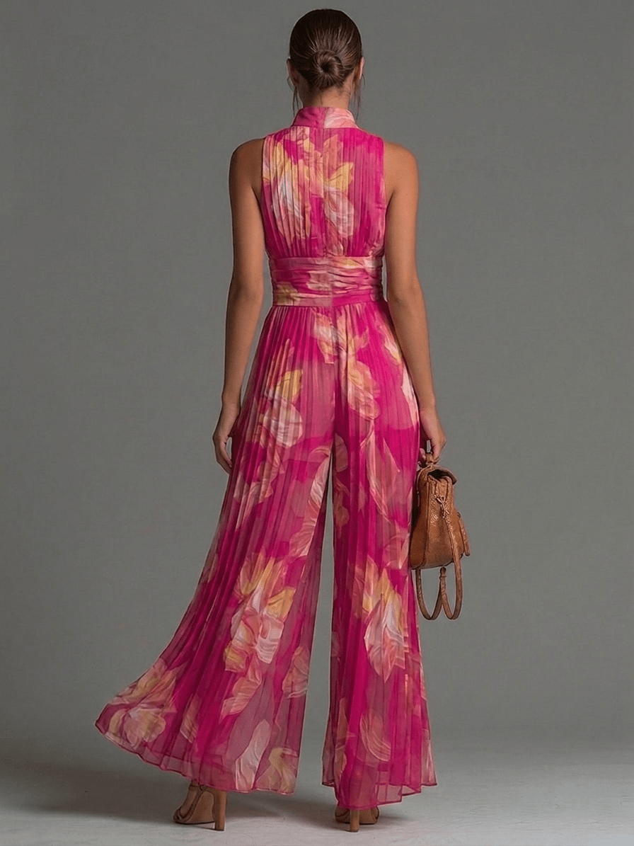 Céline™ | Bloemenprint Mouwloze Rits Plissé Wijde Chiffon Jumpsuit - Bellanza