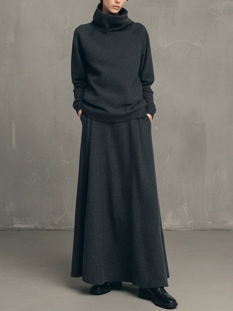 Charcoal Gray Air - layer High - neck Top And Flared Long Skirt Set - Bellanza