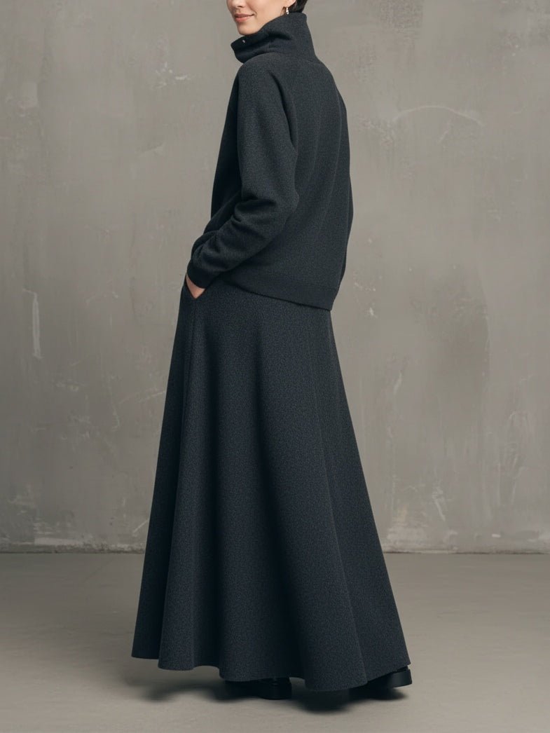 Charcoal Gray Air - layer High - neck Top And Flared Long Skirt Set - Bellanza
