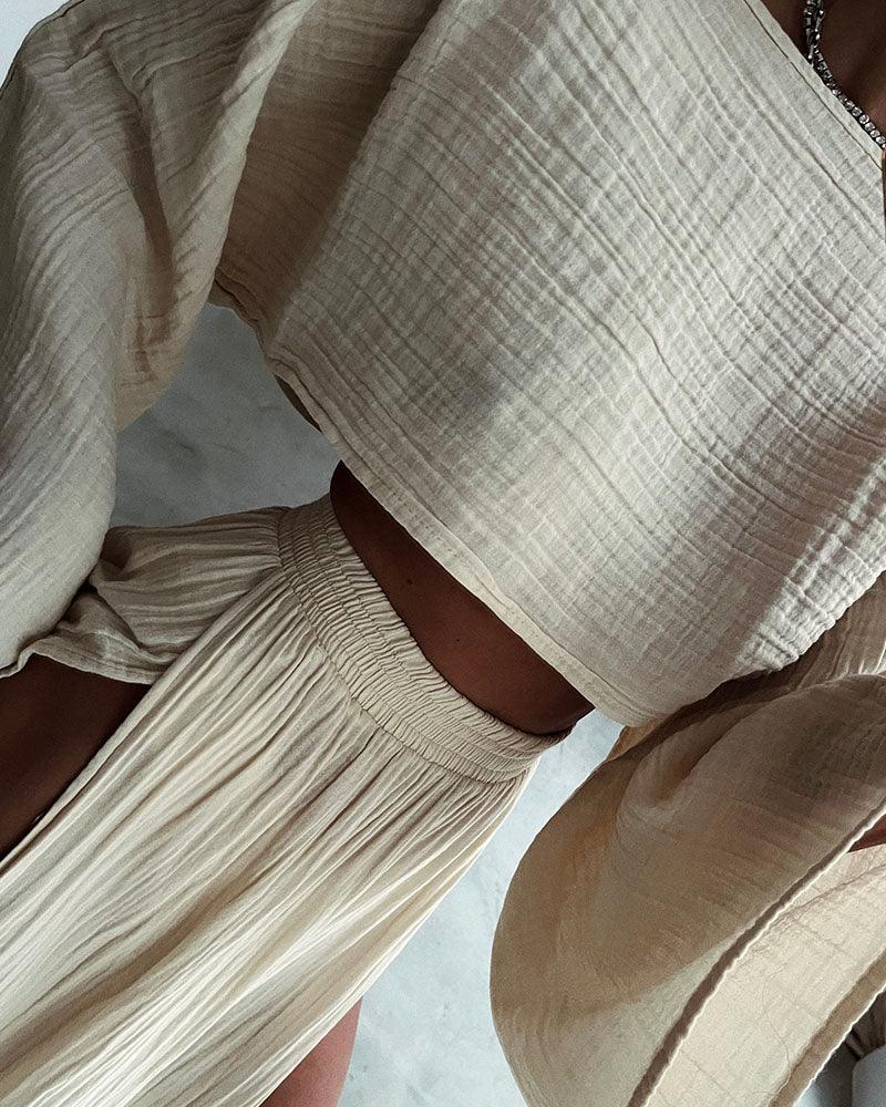 Chic gespleten katoenen en linnen casual twee - delige set - bellanza