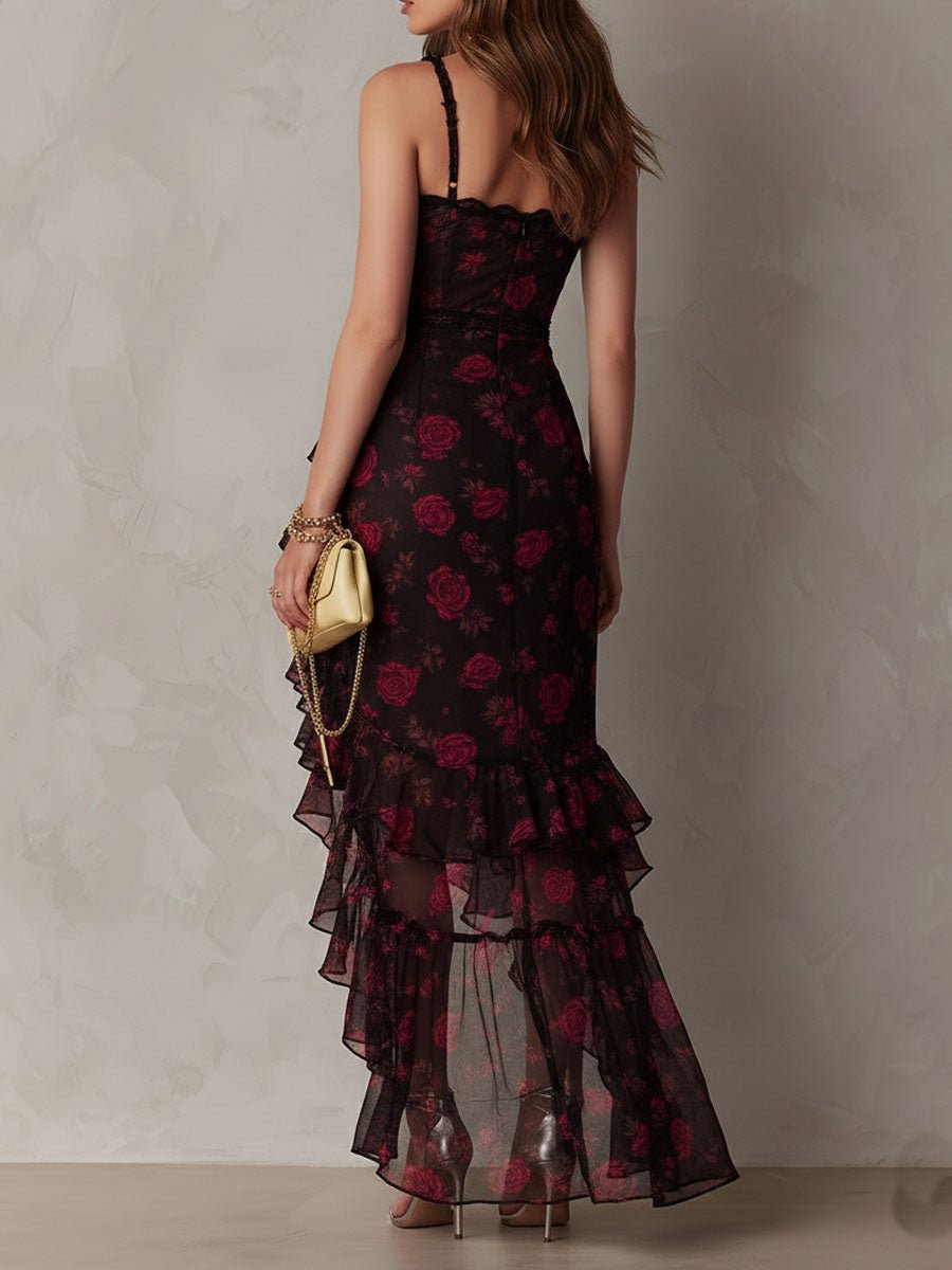 Chic Zwart En Rood Bloemen Rimpel Ruffle Zoom Jurk - Bellanza