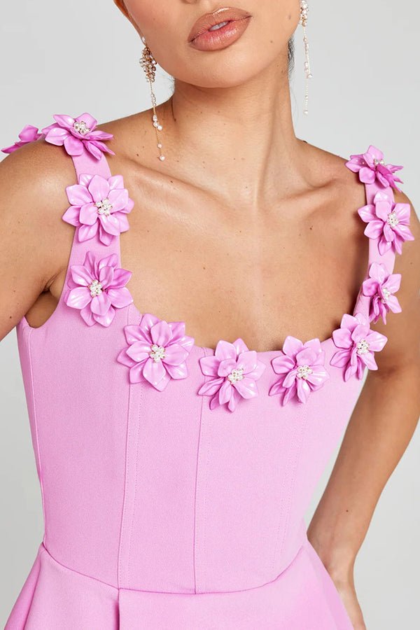 Cindy | Feminien Mini - Jurk met Bloemapplicaties - bellanza