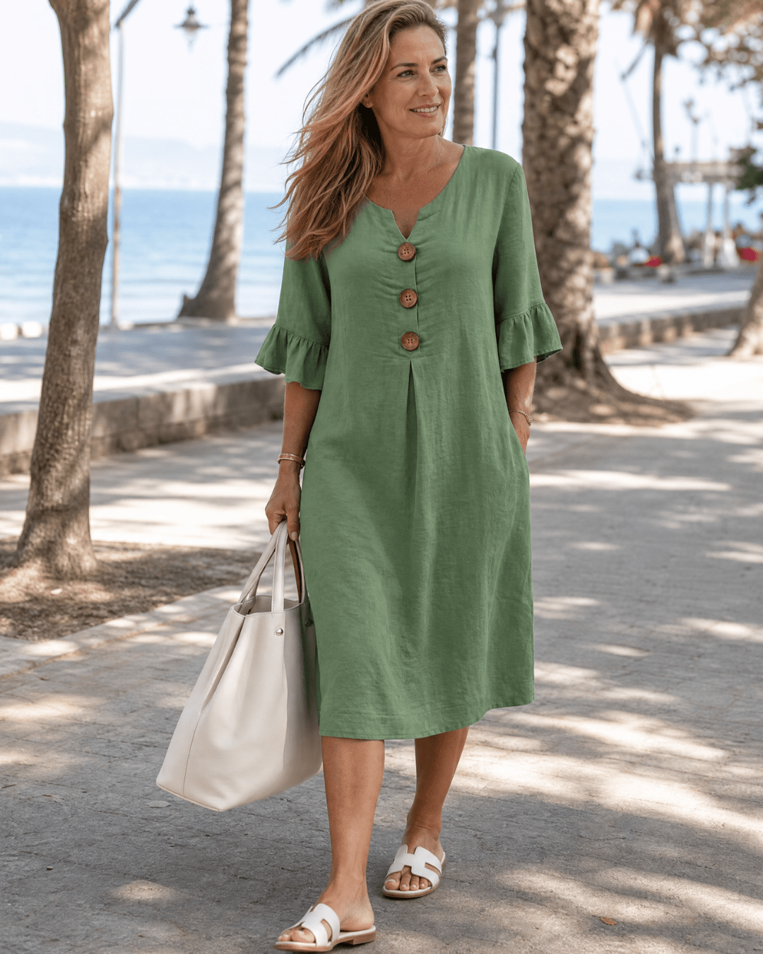 Comros | Knopdetail Rimpel Mouw Relaxed Midi Jurk - Bellanza