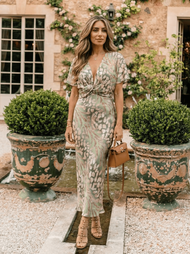 Coralie | Midi - jurk met Abstracte Print, V - hals en Gedraaide Taille - Bellanza