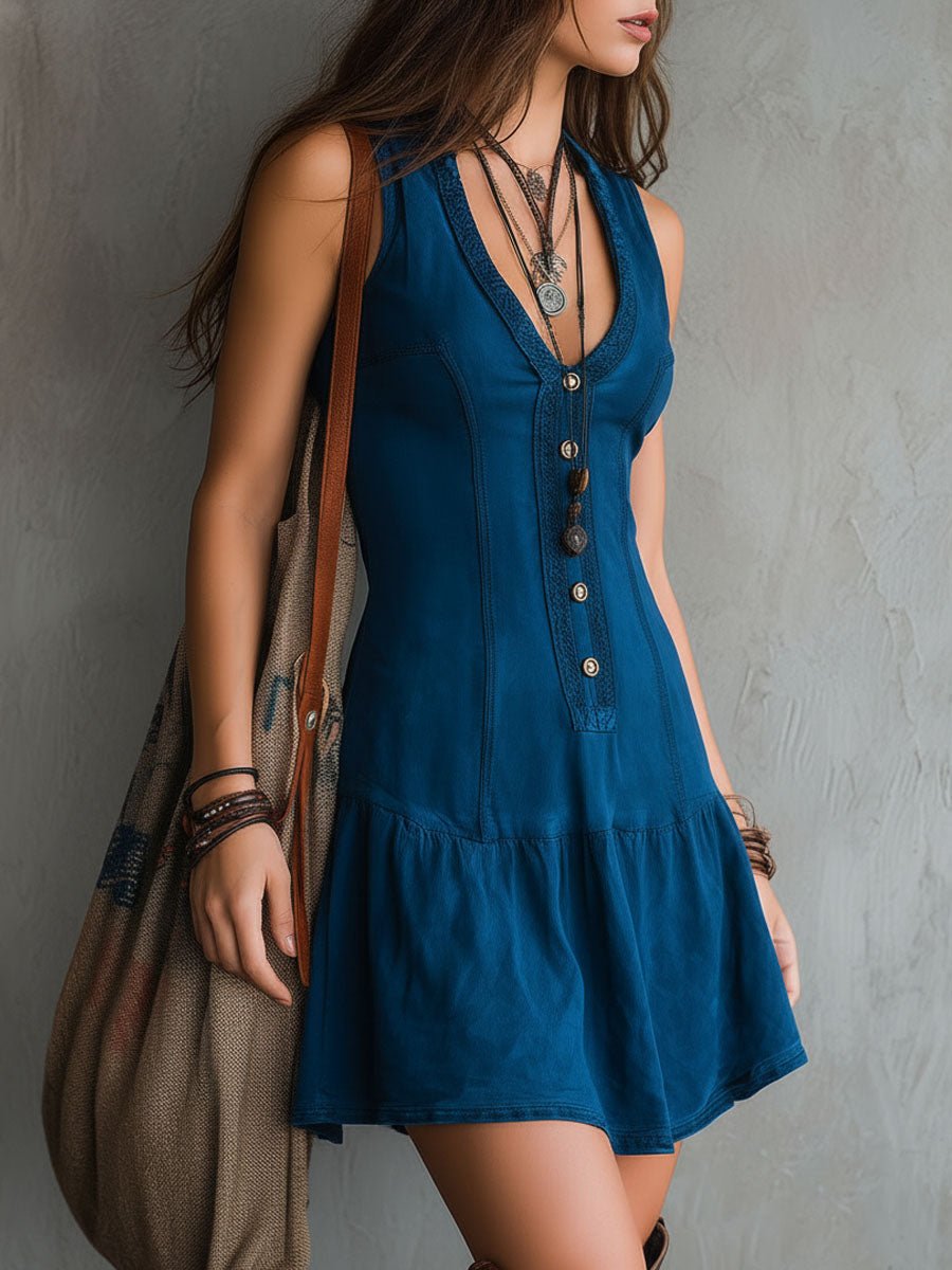 Dahlia™ | Bohemian V-hals Knopenloze Mouwloze Mini-jurk - Bellanza