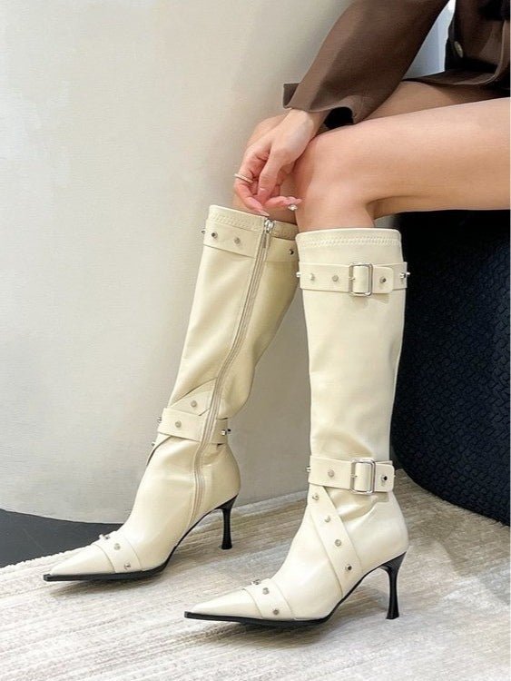 Dames pointed-toe studded hoge hakken mode laarzen - Bellanza