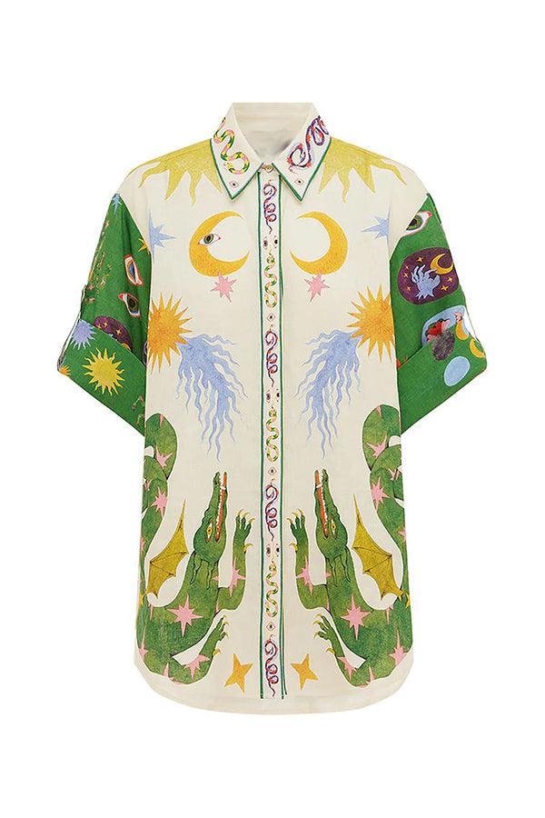 Days of Heaven Linnenmix Unieke Print Blouse en Elastische Taille Met Zakjes Shorts Set - bellanza