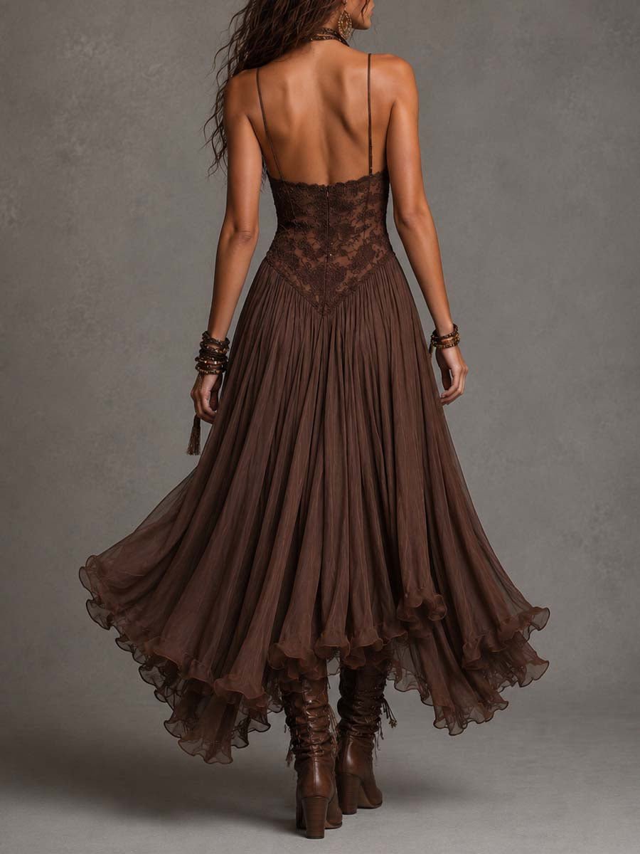 Donkerbruine Chiffon Maxi Jurk met Kantpanelen - Bellanza