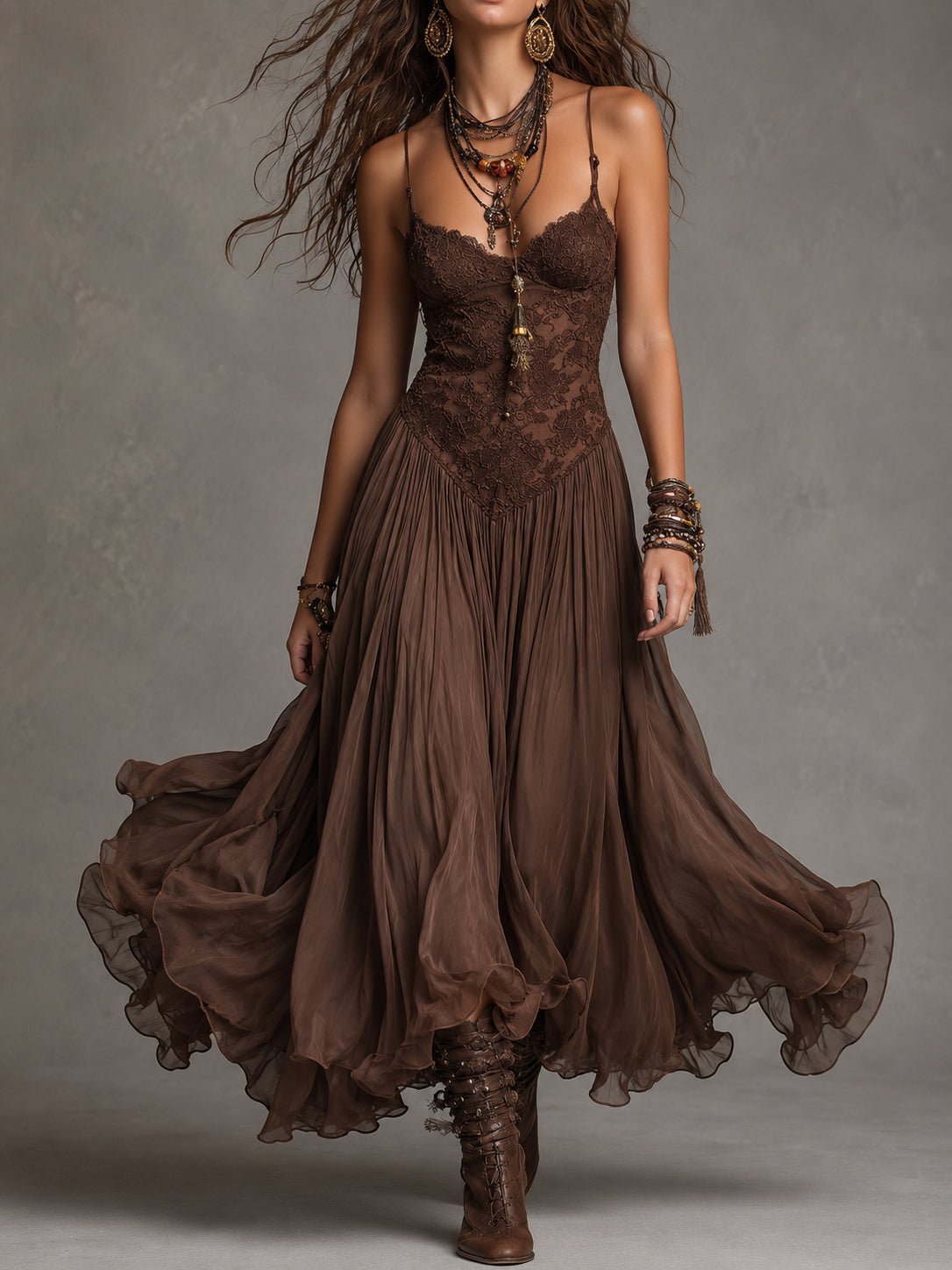 Donkerbruine Chiffon Maxi Jurk met Kantpanelen - Bellanza