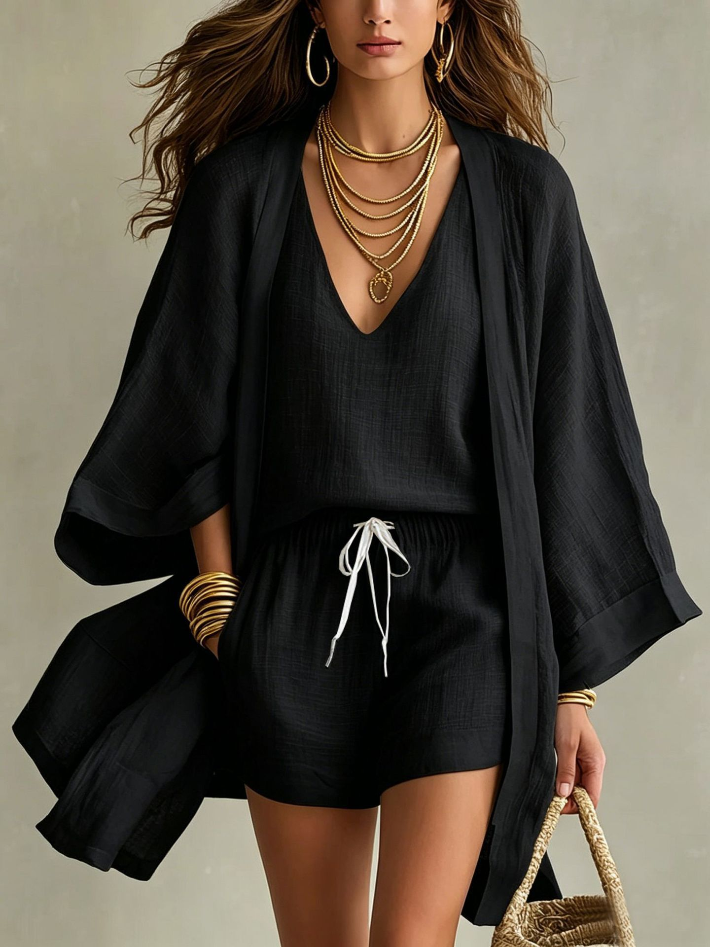 Witte Losse Cardigan En Trekkoord Shorts Drie-delige Set