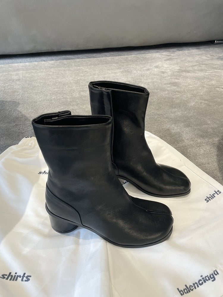 Echte leren split-toe chunky heel mid-calf Martin laarzen - Bellanza