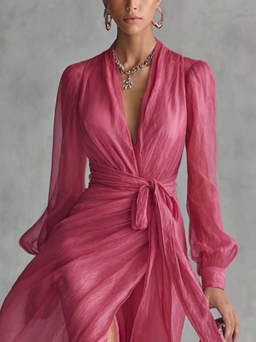Elegante Roze Chiffon V-hals Tailleband Lange Jurk - Bellanza